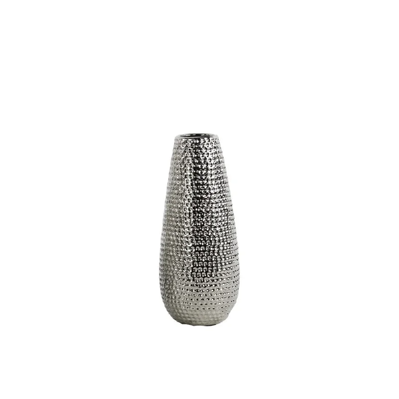 Designer handmade flower vases for home use -UTC21231: Ceramic Round Vase SM Dimpled Polished Chrome FInish Silver