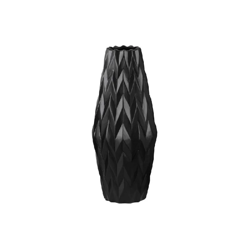 Simple modern vases for flower arrangements -UTC21428: Ceramic Rounded Bellied Vase with Round Lip and Embossed Wave Design LG Matte Finish Black