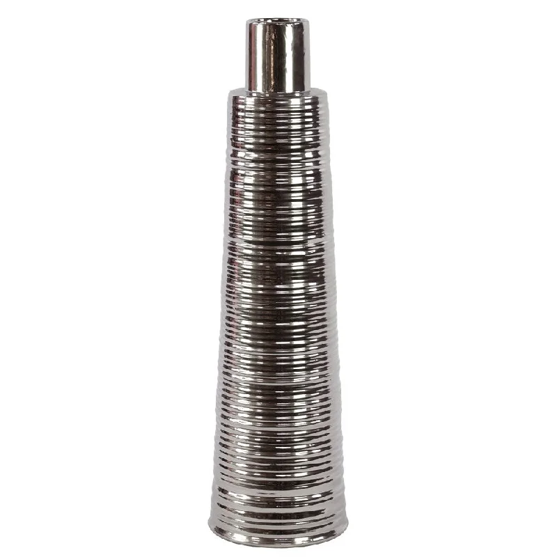 Tall handmade ceramic vases for wedding displays -UTC21602: Ceramic Round Vase with Flaired Bottom and Ribbed Sides SM Polished Chrome Finish Silver