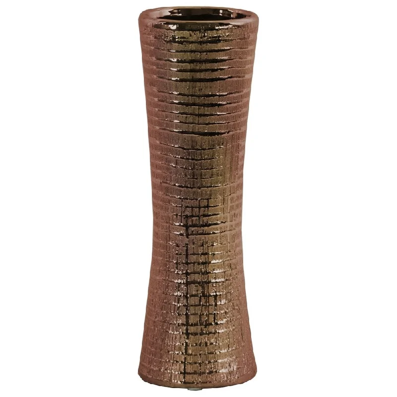 Handmade crystal flower vases for elegant events -UTC51710: Ceramic Round Vase with Trumpet Mouth, Ribbed Design Body and Flared Bottom Distressed Finish Copper