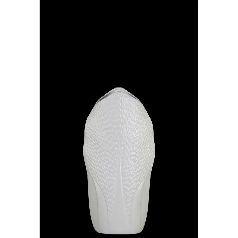 Beautiful ceramic flower vases for home floral displays -UTC52718: Ceramic Pyramidal Vase with Engraved Circle Design Body and Tapered Bottom SM Coated Finish White