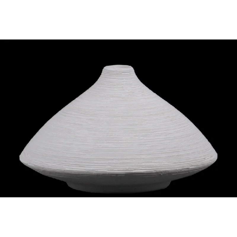 Unique modern vases for wedding centerpieces -UTC53501: Ceramic Short Round Vase with Small Mouth, Flared Belly and Tapered Bottom SM Combed Finish White