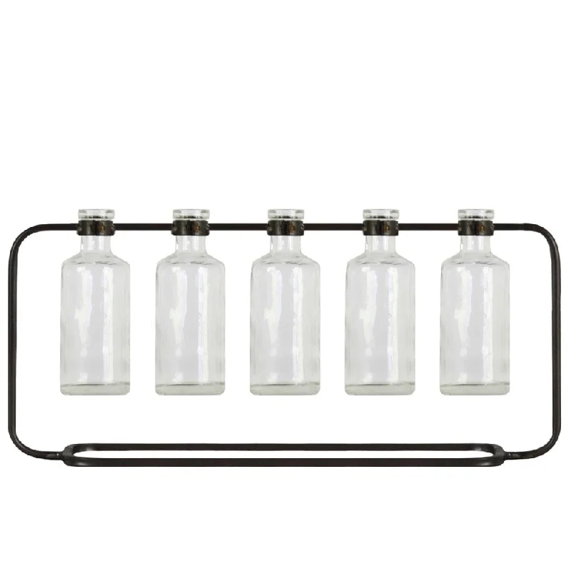 Tall glass flower vases for elegant table settings -UTC59231: Metal Clustered Hanging Bud Vase with 5 Short Glass Bottle Vases on Capsular Base Metallic Finish Gunmetal Gray