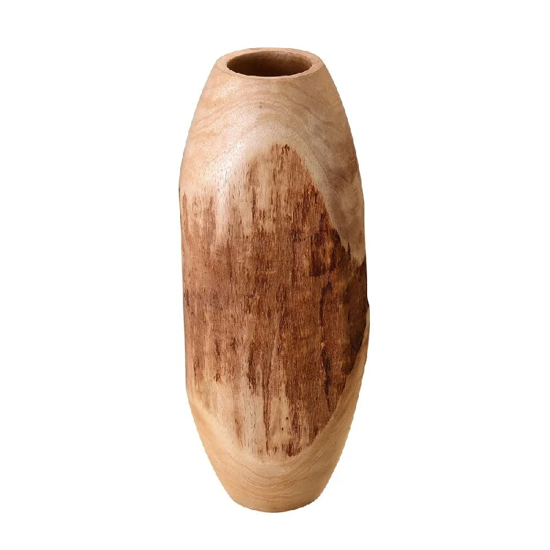 Handmade ceramic flower vases for elegant decor -Villacera Hand Scraped 15" Tall Round Mango Wood Natural Vase