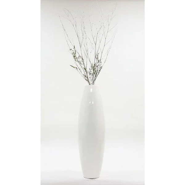 Designer tall vases for floral displays -White 28-inch Lacquer Cylinder Floor Vase with Branches