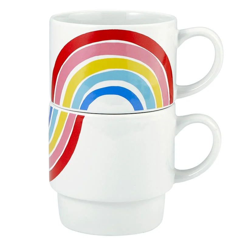 insulated coffee cups for cold beverages-70s Rainbow Stacking Mug Set of 2 | Vintage Style GIftable 14 oz Mugs in Painted Ceramic