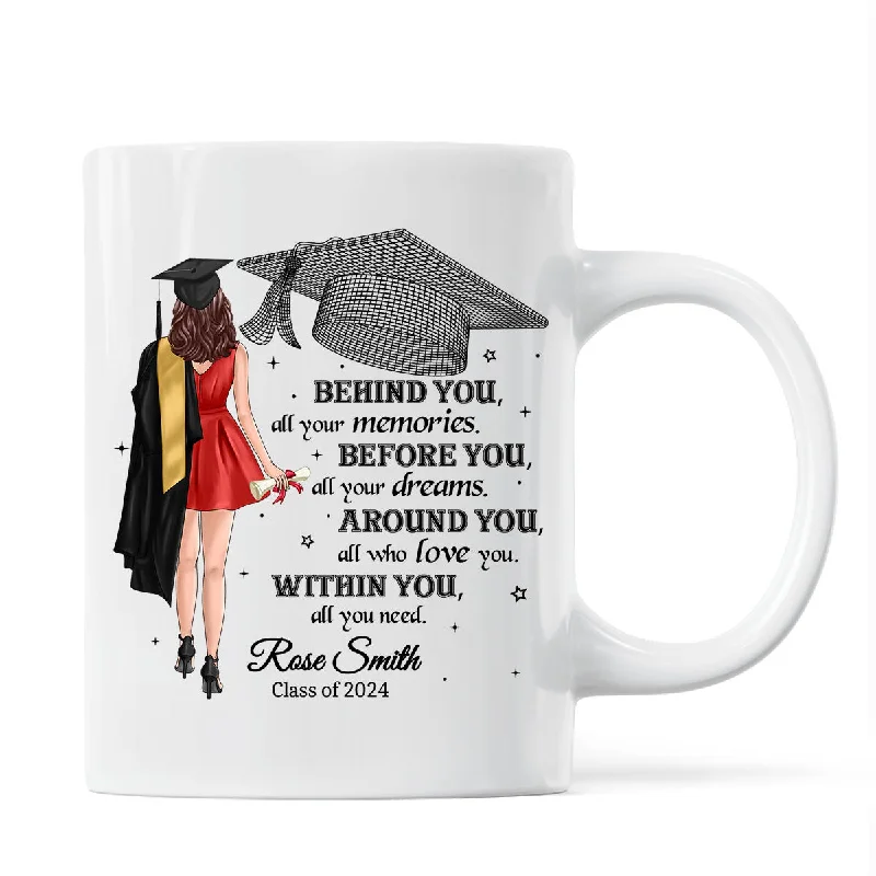 funny coffee mugs for relaxing moments-Behind You All Your Memories Graduation Gift Personalized Mug