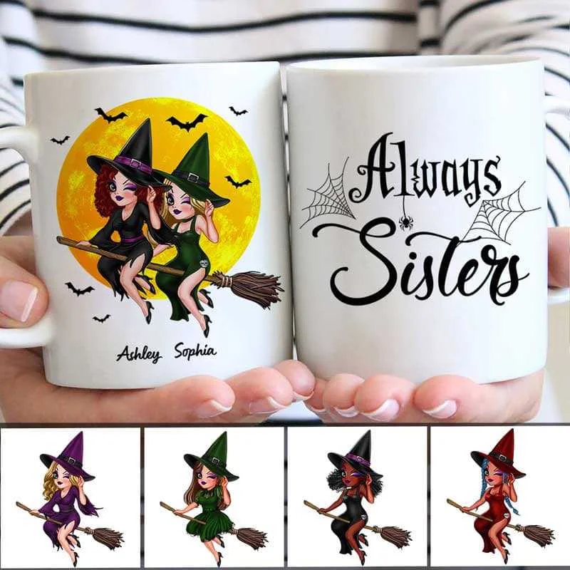 eco-friendly coffee mugs for office use-Besties Best Friends Witches Riding Broom Halloween Personalized Mug