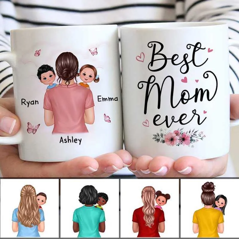 eco-friendly travel mugs for daily use-Best Mom Ever Woman Carrying Kids On Shoulder Personalized Mug