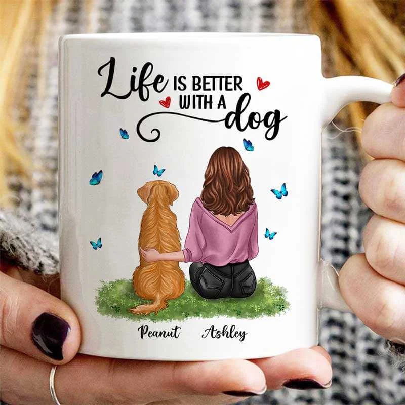 high-quality coffee mugs for outdoor activities-Butterflies Life Is Better With A Dog Woman Sitting Back View Personalized Mug