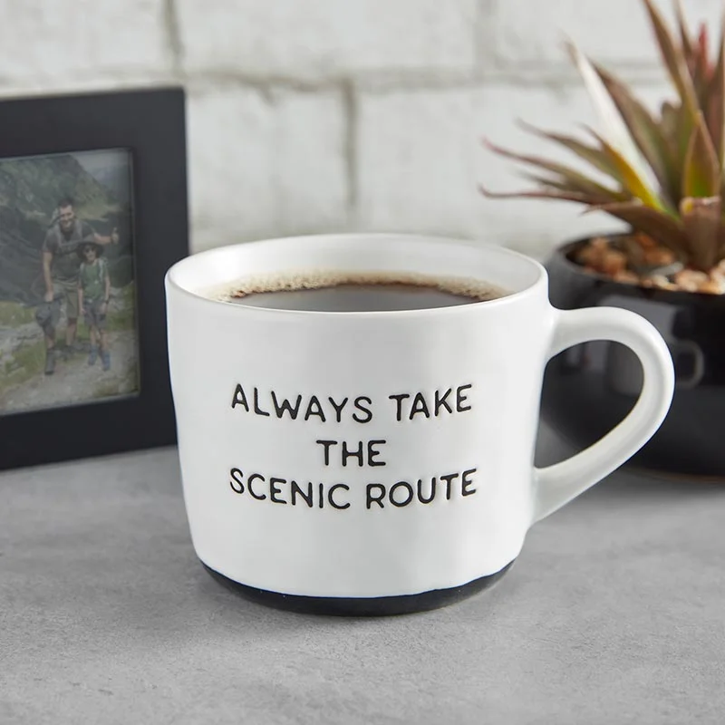 high-quality coffee mugs for tea lovers-Always Take The Scenic Route Cozy Mug in White with Black Base | Stoneware Coffee Tea Cup | 15oz