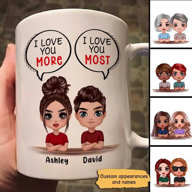 custom ceramic mugs with logo for promotion-Doll Couple Love You More Love You Most Gift Personalized Mug