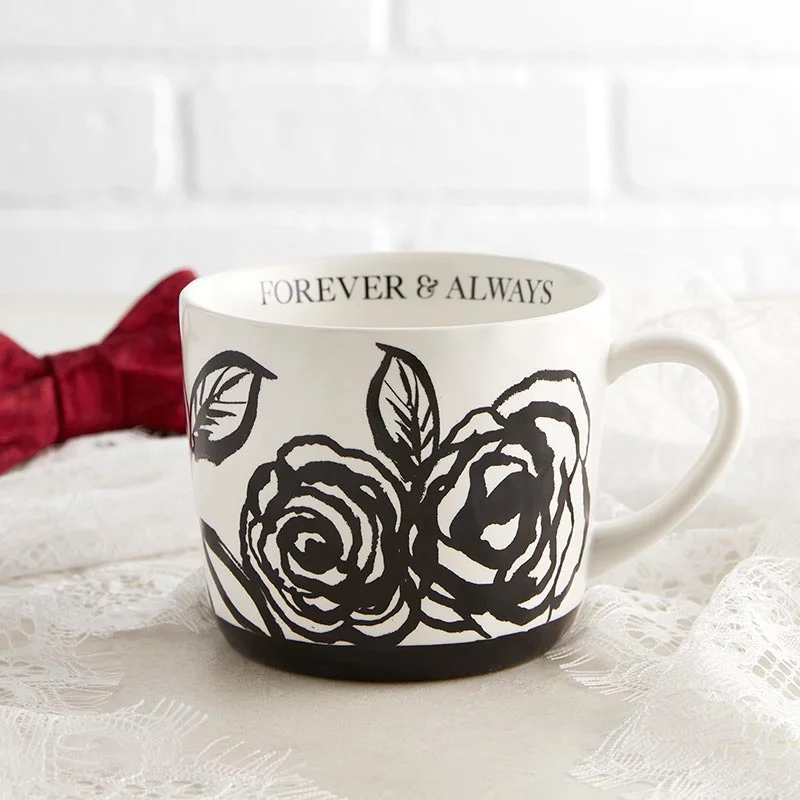 stylish coffee cups for home office-Forever & Always Mug in White with Black Floral Artwork | Giftable Coffee Tea Cup | 15oz