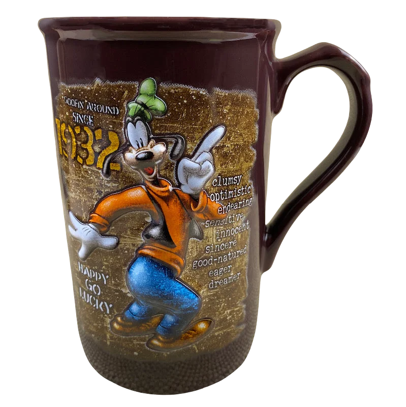 funny mugs for morning coffee breaks-Goofy Goofin Around Since 1932 Happy Go Lucky Embossed Mug Disney