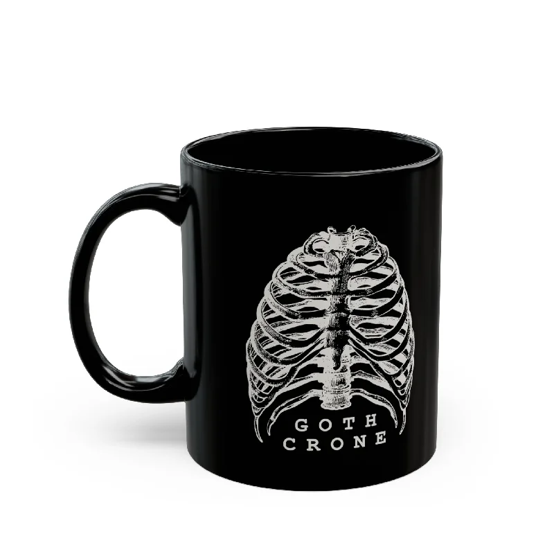 large travel mugs with lids for easy drinking-Goth Crone 11oz Black Mug | Gothic Spooky Ribcage Illustration