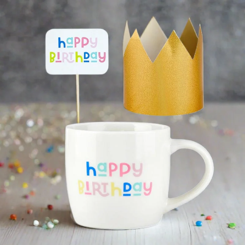 best coffee mugs for hot chocolate lovers-3 Piece Happy Birthday Mug Cake Gift Set | Coffee Mug Mini Crown Cupcake Topper