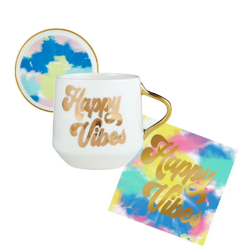 custom coffee mugs with sayings for weddings-Happy Vibes Coaster Mug and Cocktail Napkin Bundle | Giftable Drinkware Set