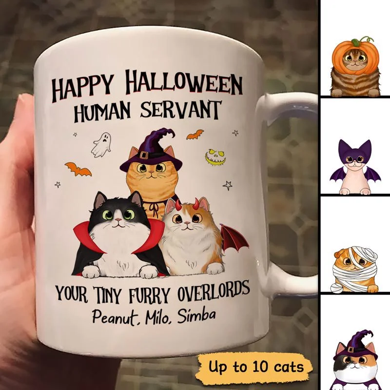 travel coffee mugs with handles for easy grip-Happy Halloween Human Servant Fluffy Cats Personalized Mug