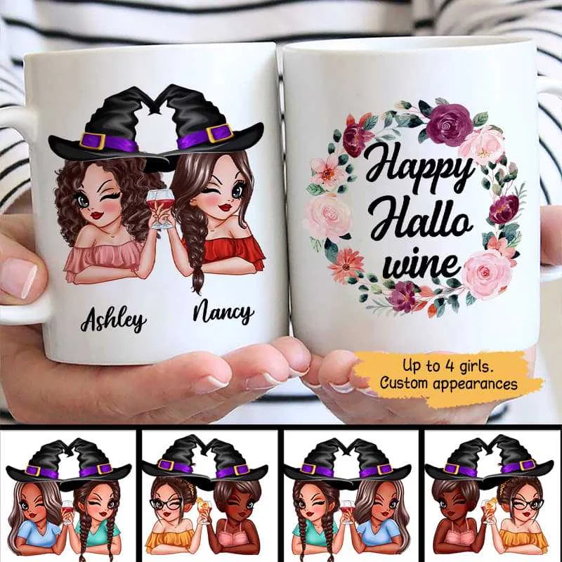 unique travel mugs with funny designs-Happy Hallowine Besties Best Friends Halloween Personalized Mug