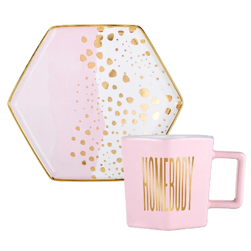 custom coffee cups for business branding-Homebody Hexagon Mug and Saucer Set in Pink with Gold Dot Pattern