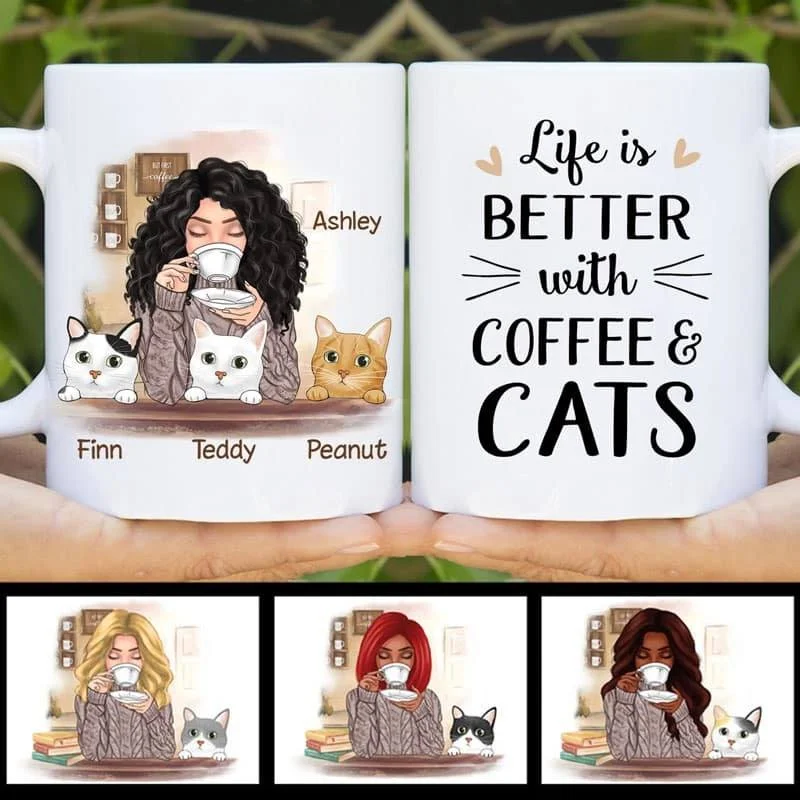 personalized ceramic mugs for office gifts-Life Better Cat Coffee Girl Personalized Mug