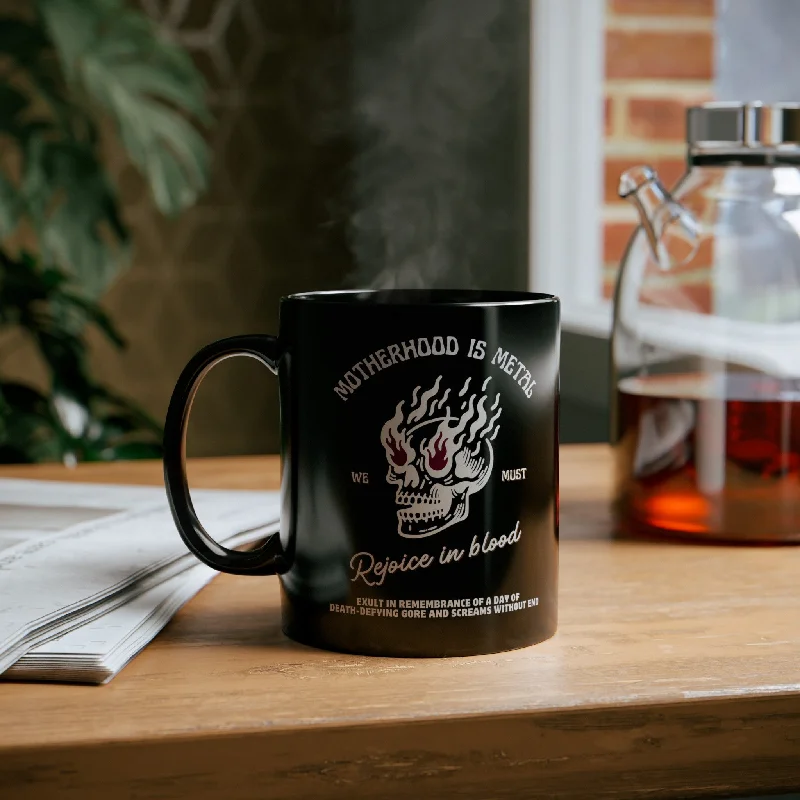 cute coffee mugs with animal designs-Motherhood is Metal Death Defying Gore 11oz Black Mug