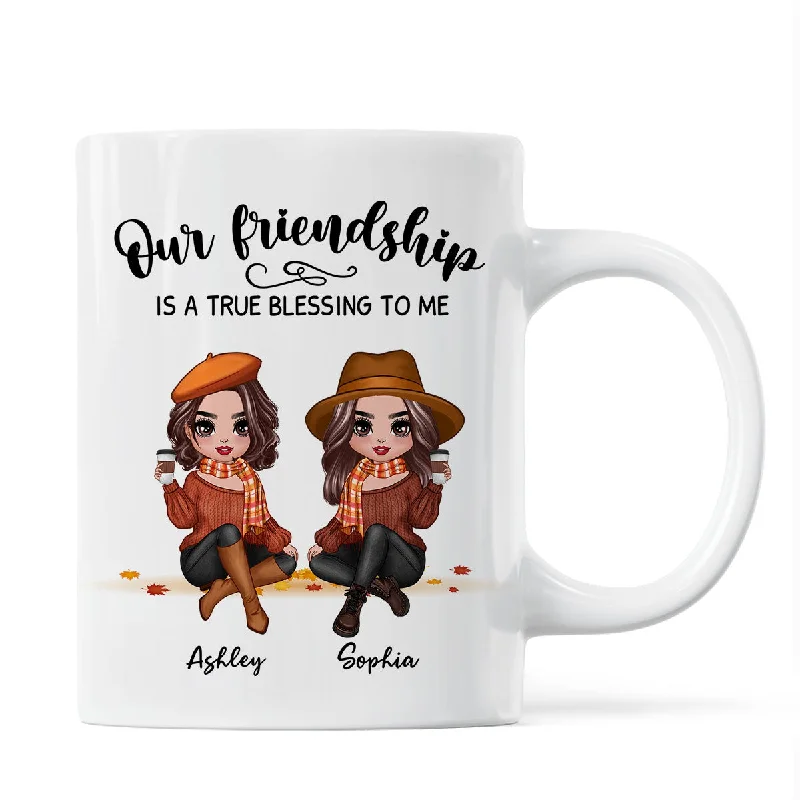 stylish coffee mugs for wedding favors-Our Friendship Is True Blessing Fall Season Pretty Besties Sisters Sitting Personalized Mug