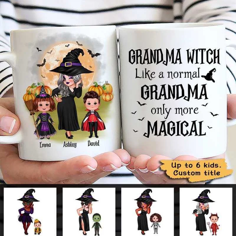 personalized tea mugs for daily use-Pretty Grandma With Grandkids Halloween Personalized Mug