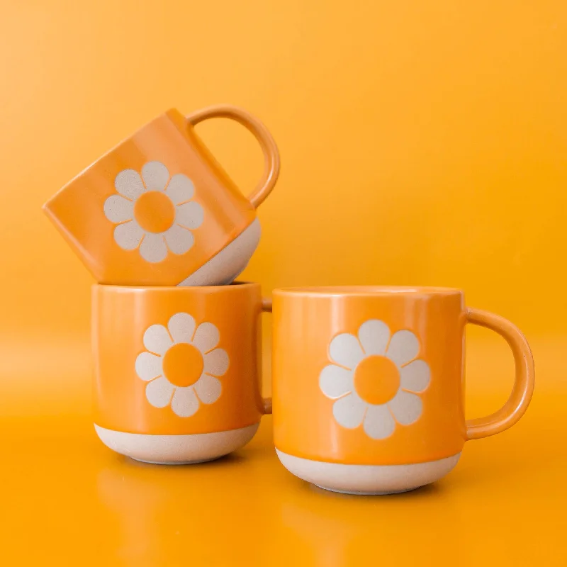 personalized coffee mugs for special events-Retro Flower Ceramic Mug | Groovy '70s Themed Floral Mug in Sunshine Orange-Yellow