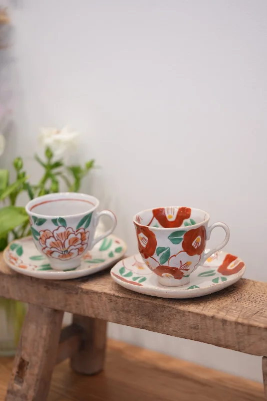 ceramic coffee mugs for work desk-Seto Ware Flower Coffee Mug and Saucer Set