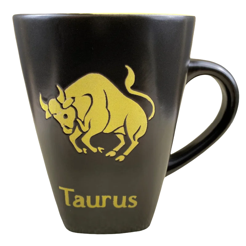 custom coffee mugs for office celebrations-Taurus Tall Zodiac Etched Square Bottom Yellow Interior Mug Roscher