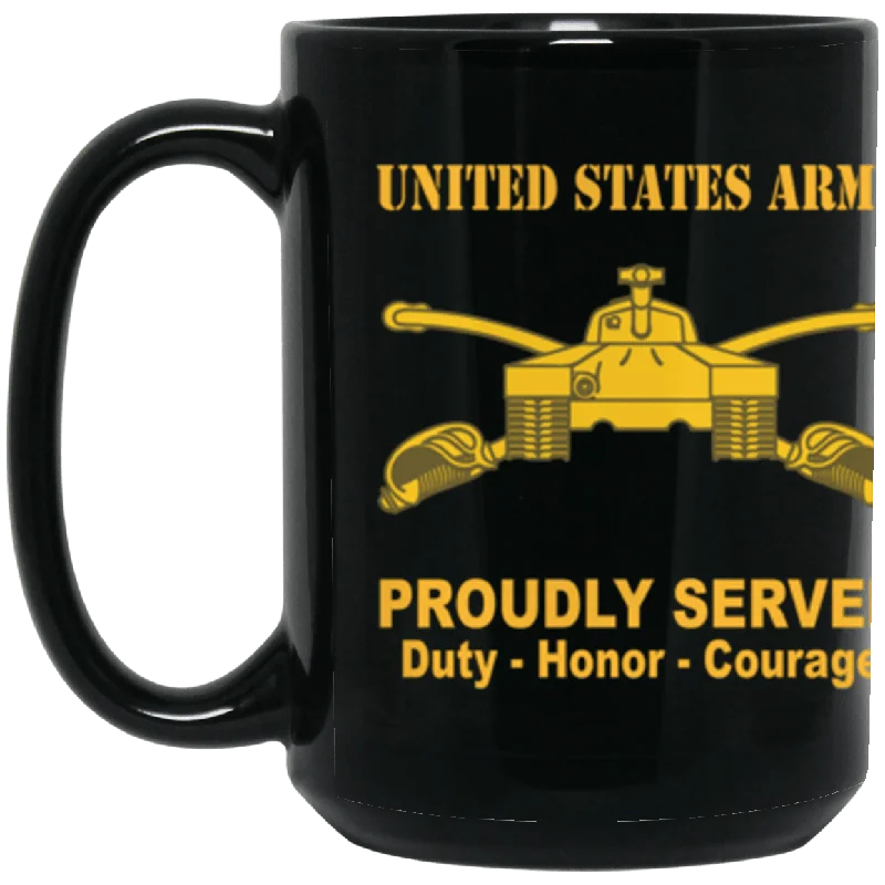 custom travel mugs for keeping drinks warm-US Army Armor Branch Proudly Served Core Values 15 oz. Black Mug