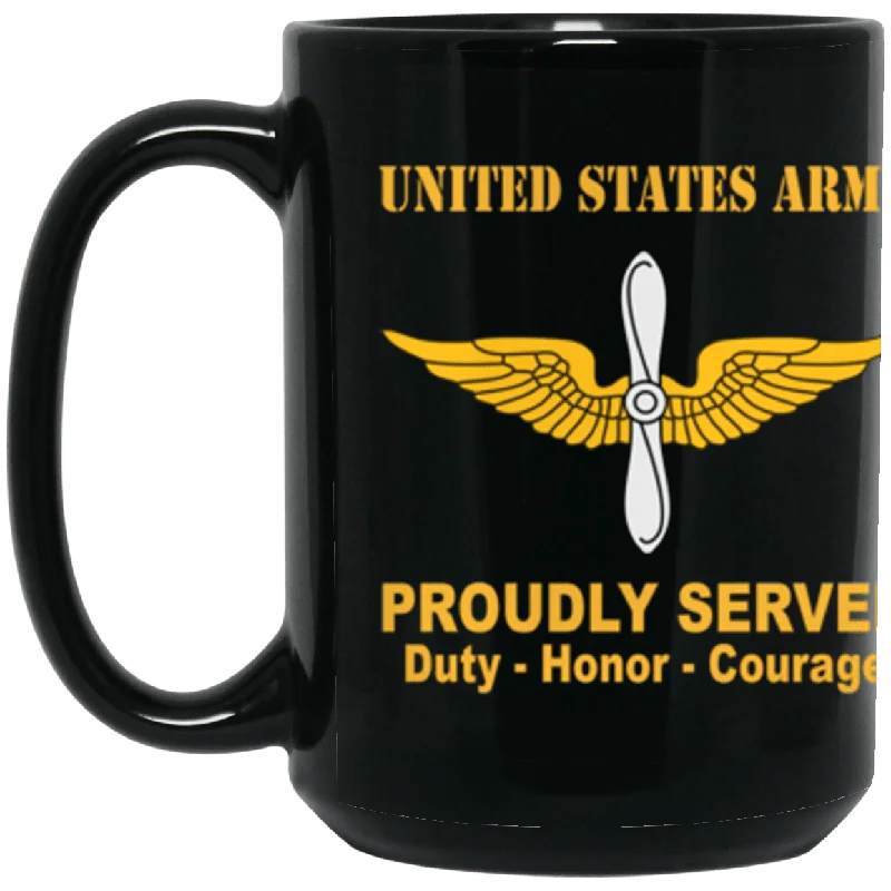 cute travel mugs with designs for summer-US Army Aviation Proudly Served Core Values 15 oz. Black Mug