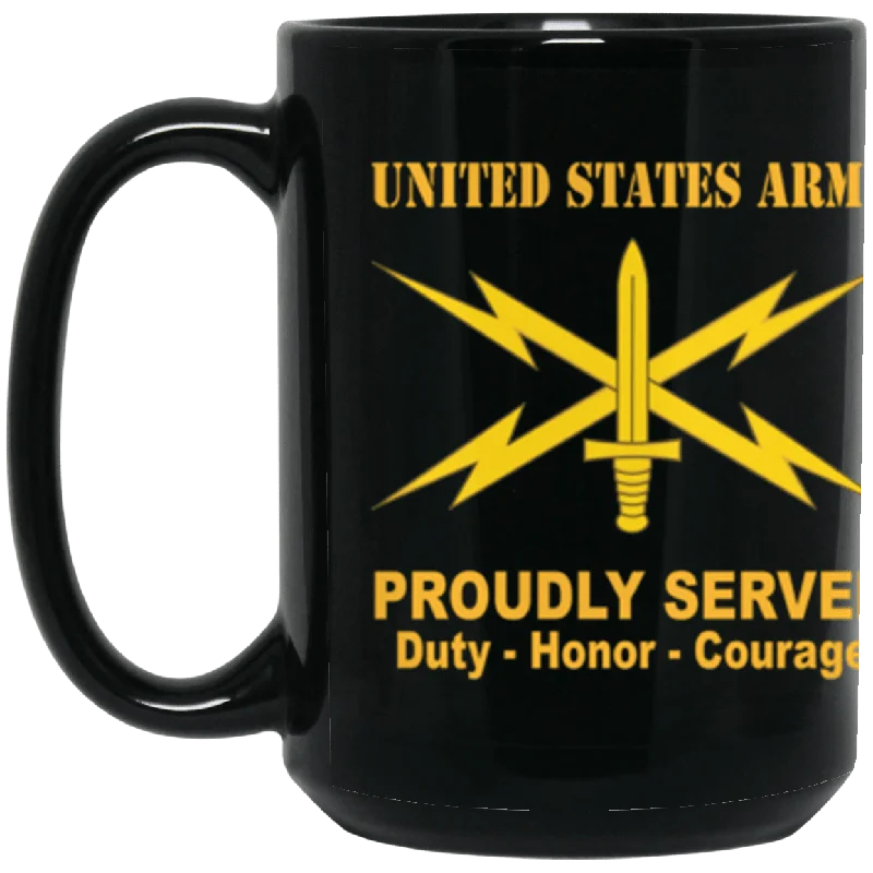 funny coffee mugs with clever sayings-US Army Cyber Corps Proudly Served Core Values 15 oz. Black Mug