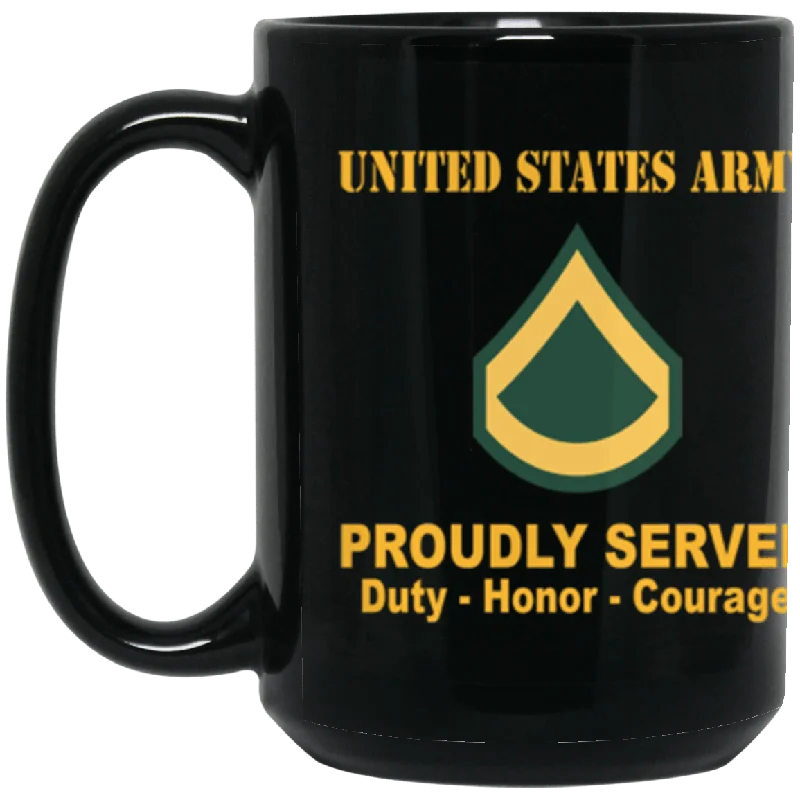 custom photo mugs for Christmas gifts-US Army E-3 PFC E3 Private First Class Ranks Proudly Served Core Values 15 oz. Black Mug