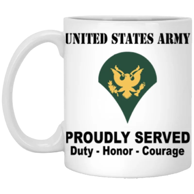 funny coffee mugs for family celebrations-US Army E-4 SPC E4 Specialist Ranks Proudly Served Core Values 11 oz. White Mug