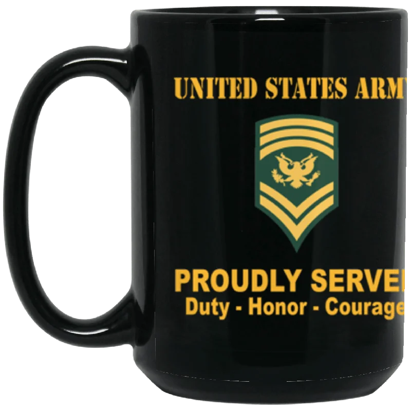 personalized travel mugs with custom logos-US Army E-9 SPC E9 Specialist Ranks Proudly Served Core Values 15 oz. Black Mug