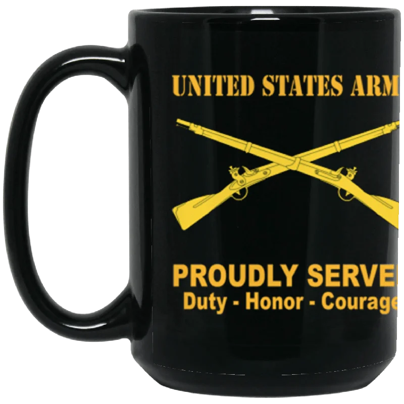 unique coffee mugs with quotes for gifts-US Army Infantry Proudly Served Core Values 15 oz. Black Mug