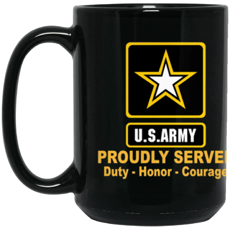 best coffee mugs for coffee lovers-US Army Logo Proudly Served Core Values 15 oz. Black Mug