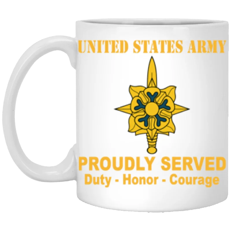 eco-friendly travel coffee mugs with designs-US Army Military Intelligence Branch Proudly Served Core Values 11 oz. White Mug