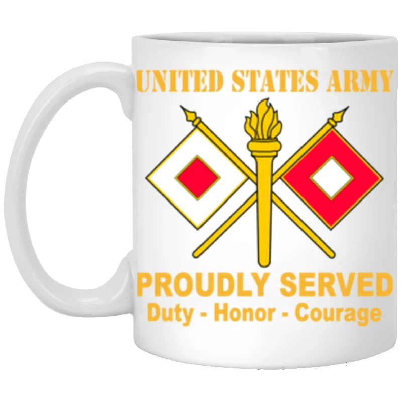 best travel mugs for enjoying coffee outdoors-US Army Signal Corps Proudly Served Core Values 11 oz. White Mug