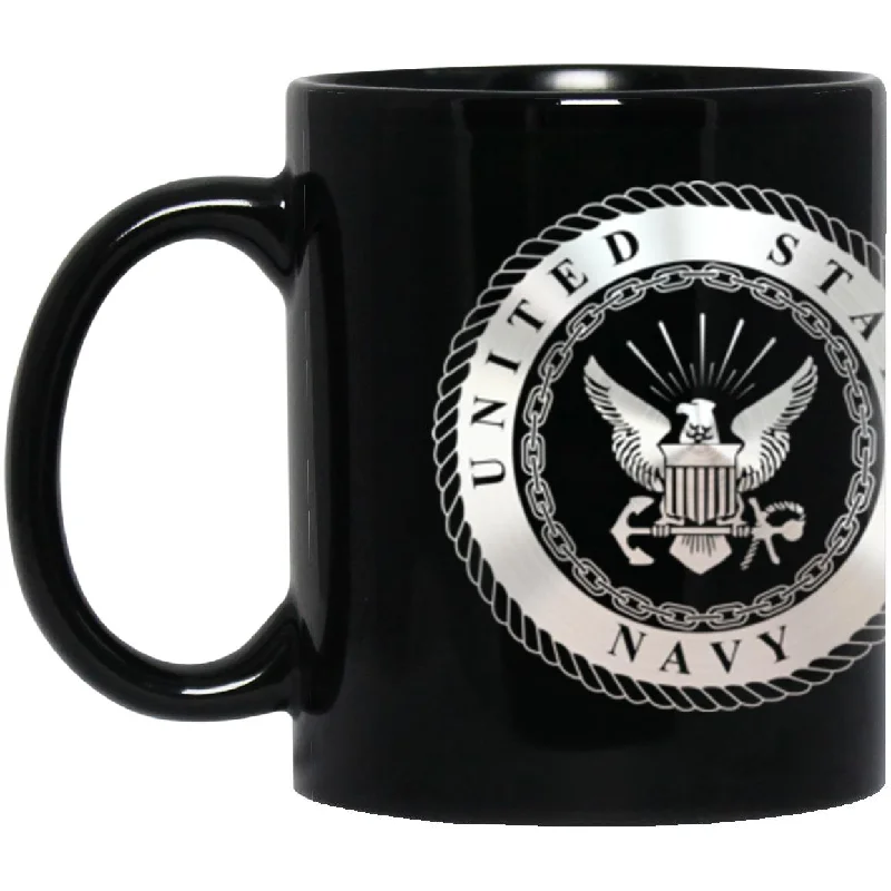 funny ceramic coffee mugs with playful designs-US Navy Aviation Electronics Technician Navy AT Metallic Silver Effect 11oz - 15oz Black Mug