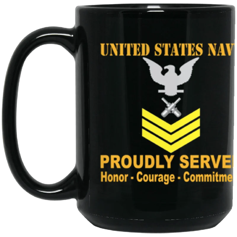 personalized mugs for outdoor adventures-US Navy Gunner's mate Navy GM E-6 Gold Stripe 15 oz. Black Mug