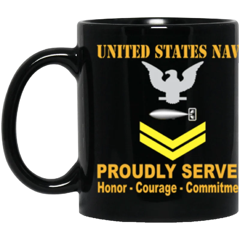 funny ceramic travel mugs for coffee-US Navy Torpedoman's mate Navy TM E-5 Gold Stripe 11 oz. Black Mug