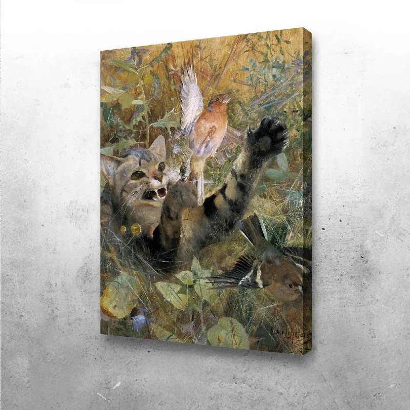 modern coastal art prints for living room-A Cat and a Chaffinch Canvas Set