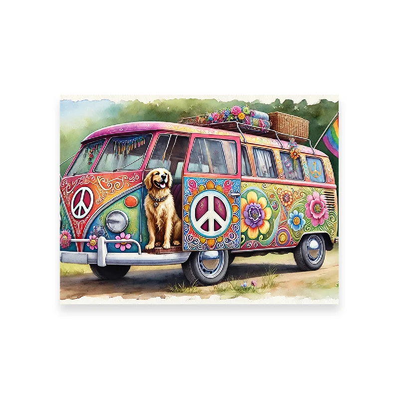 colorful floral abstract prints for living room-A Hippie Van with a Dog