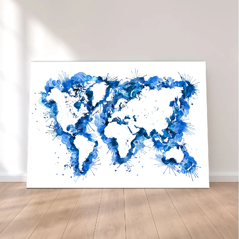 vibrant coastal prints for living room-Blue Splatter World Map