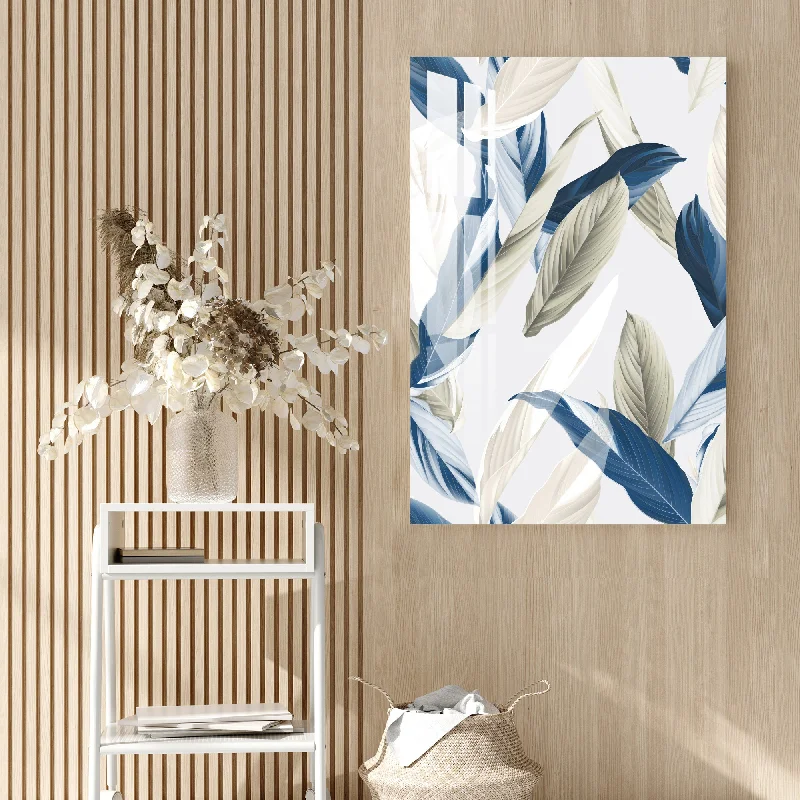 retro abstract prints for bedroom-Blue & White Feather Acrylic Wall Art