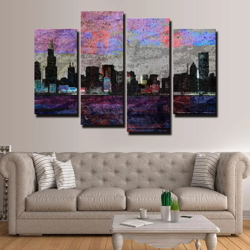 playful tropical art prints for wall-Dark Chicago Skyline Canvas Set