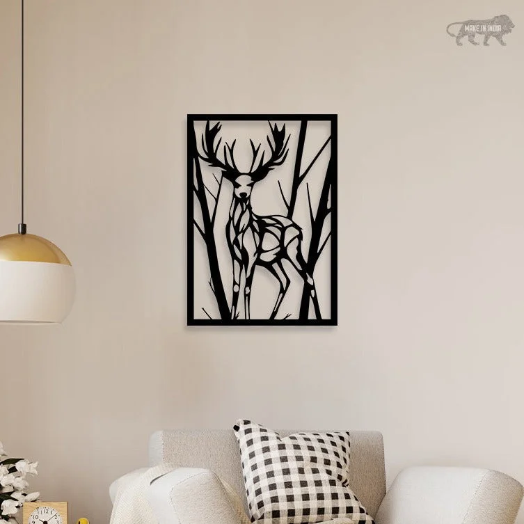 geometric art prints for home office-Deer In Forest Metal Wall Art